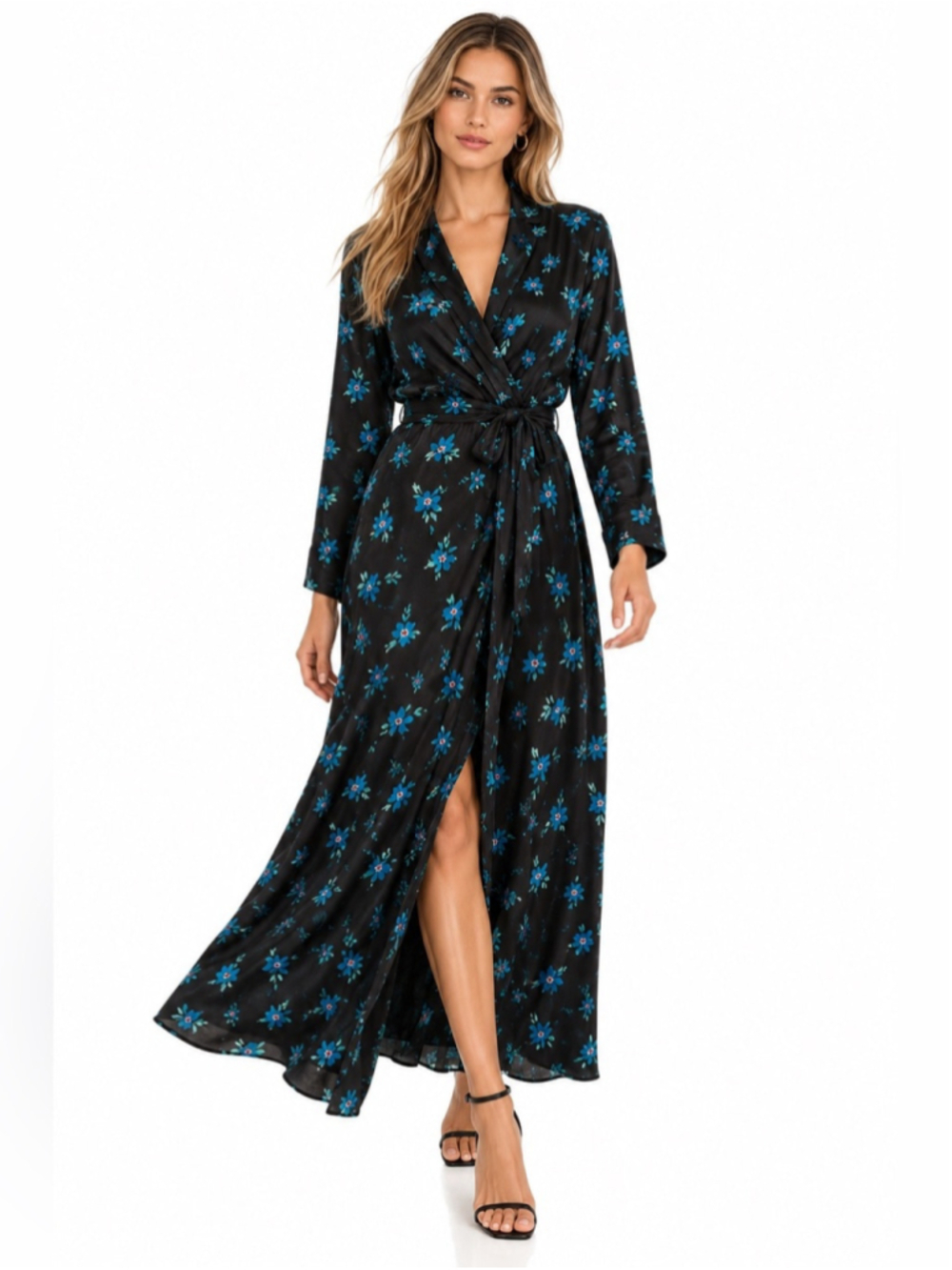 Zara Black Turquoise Floral Wrap Maxi Dress Robe Style Size Large